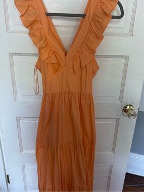 Francesca's Collections Orange Ruffle V-Neck Maxi Dress